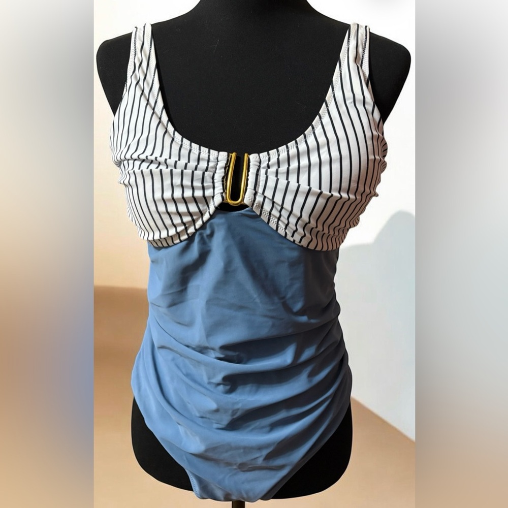 Striped White & Blue Ruched Women's Tank Top